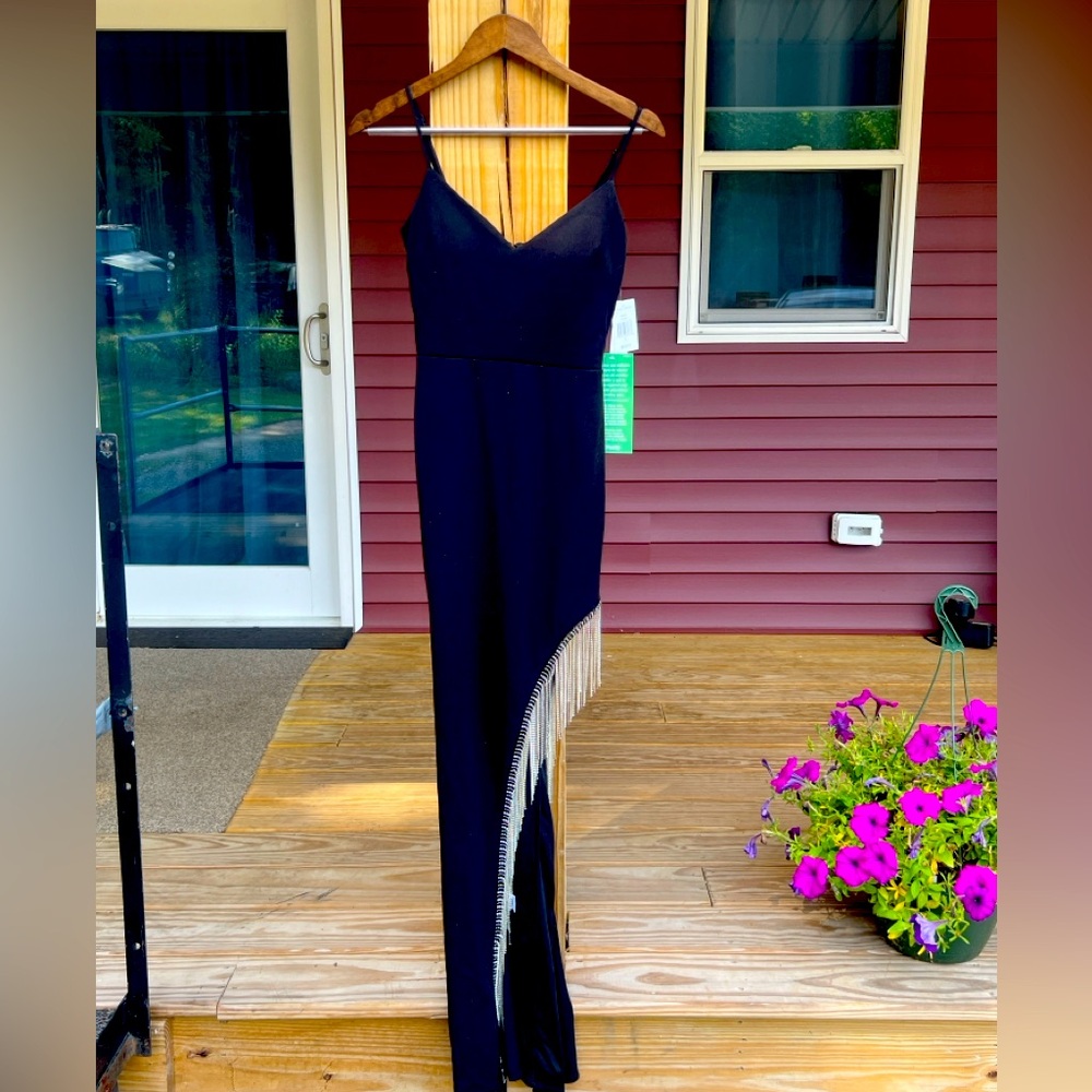 Windsor *rare* rhinestone fringe BNWT High-cut black dress